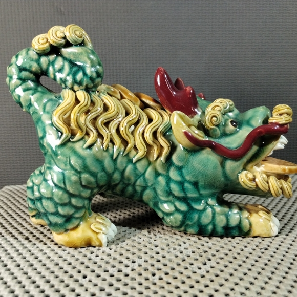 Chinese Traditional WuCai Porcelain Feng Shui kylin Foo Dog Lion Statue - Picture 2 of 12